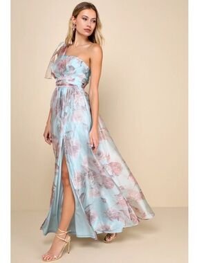 Lulu's Pastel Blue and Dusty Pink Floral One-Shoulder Maxi Dress